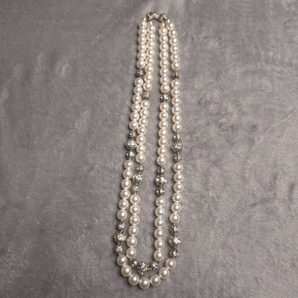 Vintage Faux Pearl Rhinestone Double-Strand Necklace Bow Clasp Imperfect